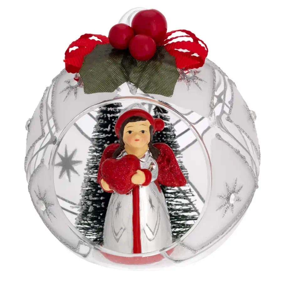 Bagutta sfera natale decorato argento con alberelli fiocco angelo N 8617