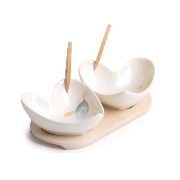 Paben set 2 ciotoline a cuore su vassoio porcellana legno PB21129