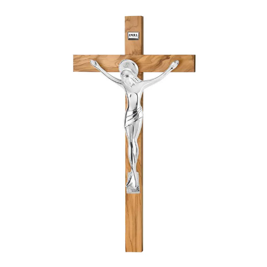 Valenti Cristo scultura argentata su croce in ulivo R 18294 2 ARG