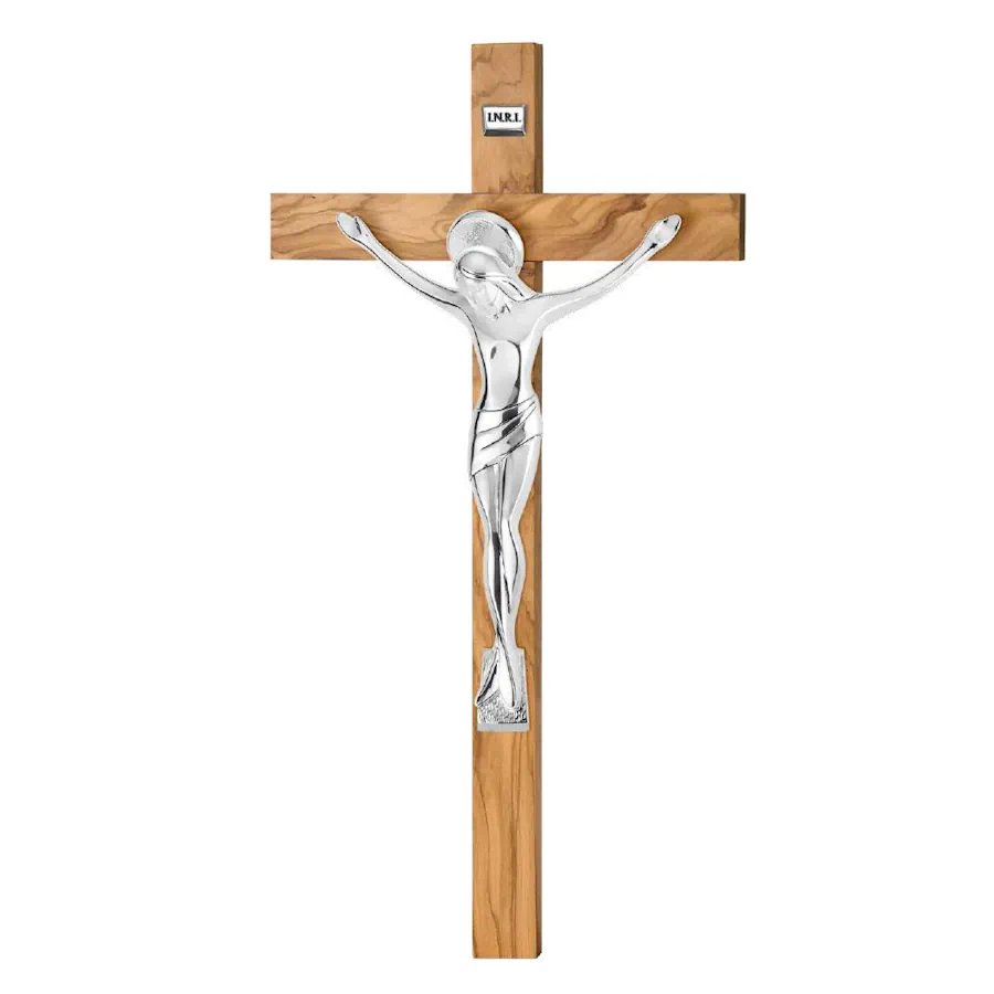 Valenti Cristo scultura argentata su croce in ulivo R 18294 4 ARG