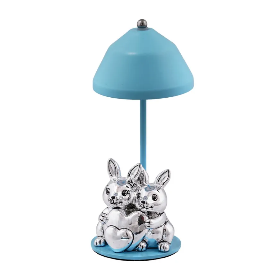 Bagutta lampada con carica usb e coppia di conigli con cuore azzurra B 4229 01 A