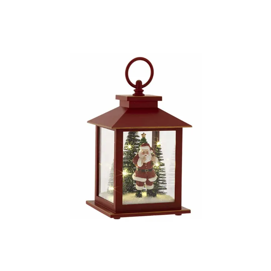 Bagutta lanterna base quadra h. 18 rossa con babbo natale e luci TN 50112