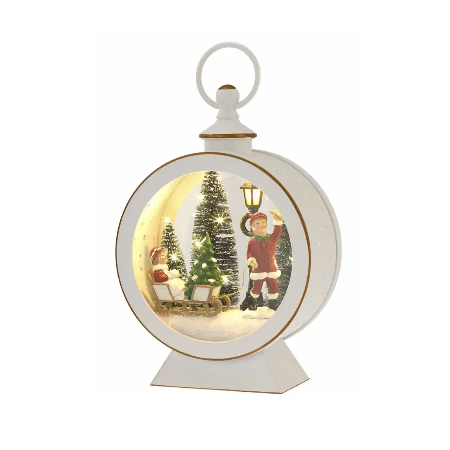 Bagutta lanterna cerchio h. 25 bianca con bambini natale e luci TN 50113