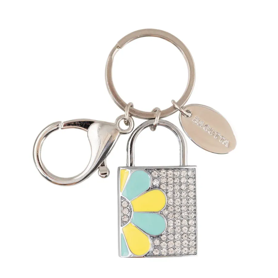 Bagutta lucchetto portachiavi usb con fiore azzurro giallo decorato con cristalli 2275 AG