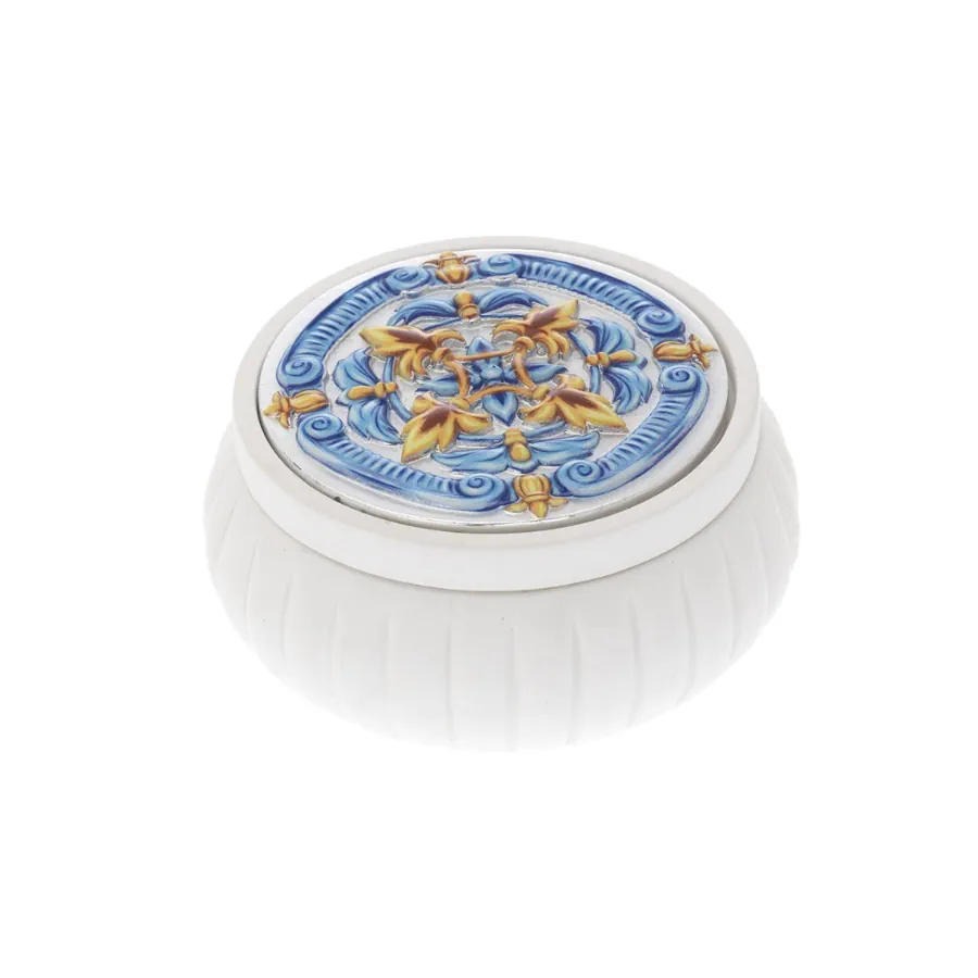 Bagutta scatolina tonda bianca con fesoni con deco maiolica 2092 03