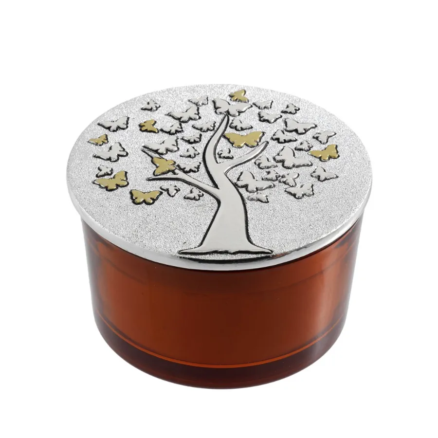 Bagutta vasetto tondo candela 200 gr. con coperchio argentato albero 2218-05