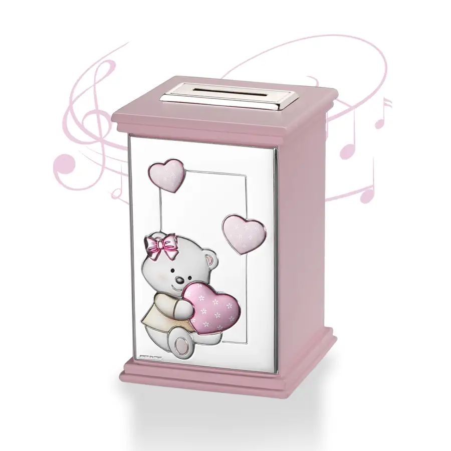Camilletti salvadanaio orsetto con cuore rosa e carillon 186070