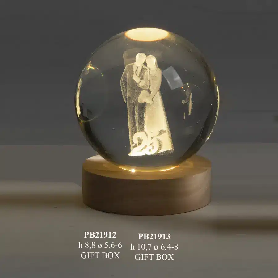 Paben globo su base sposi 25 anni 8 cm cristallo con led PB21913