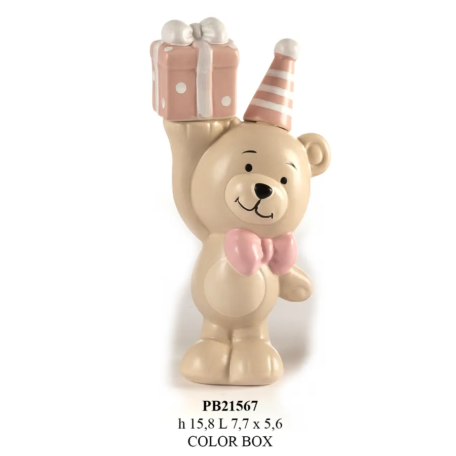 Paben orsetto con pacco e cappello rosa 15.8 cm porcellana PB21567