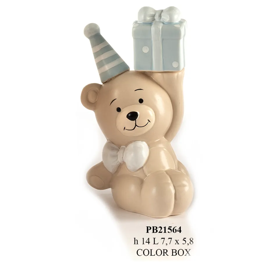 Paben orsetto seduto con pacco e cappello celeste cm 14 PB21564