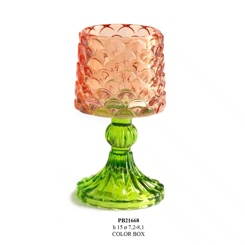 Paben portacandela calice 15 cm vetro arancione verde PB21668