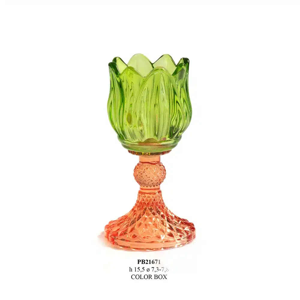 Paben portacandela tulipano 15.5 cm vetro verde arancione PB21671