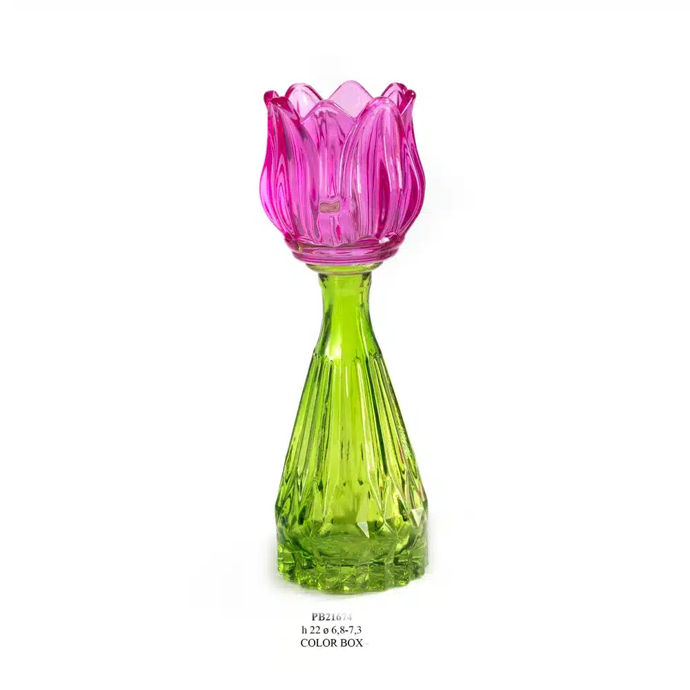 Paben portacandela tulipano 22 cm vetro fucsia verde PB21674
