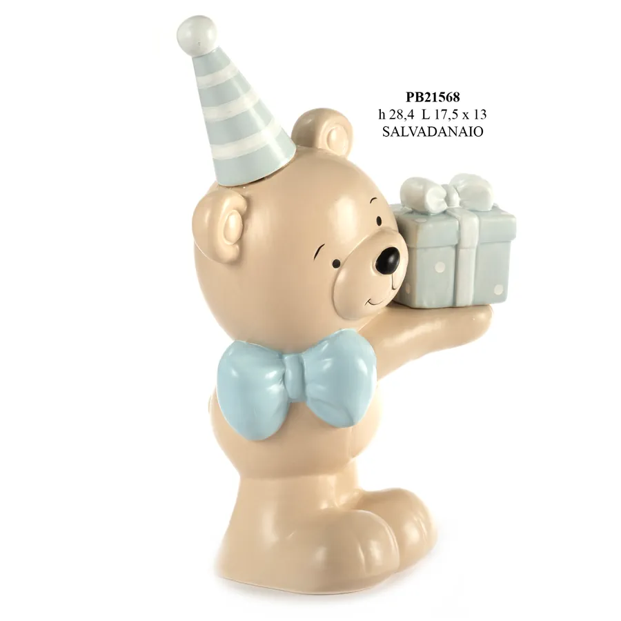 Paben salvadanaio orsetto con pacco e cappello celeste cm 28 PB21568