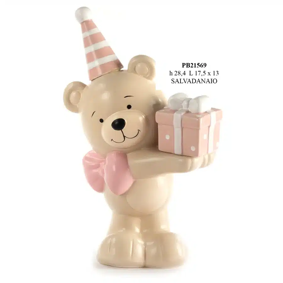 Paben salvadanaio orsetto con pacco e cappello rosa cm 28 PB21569