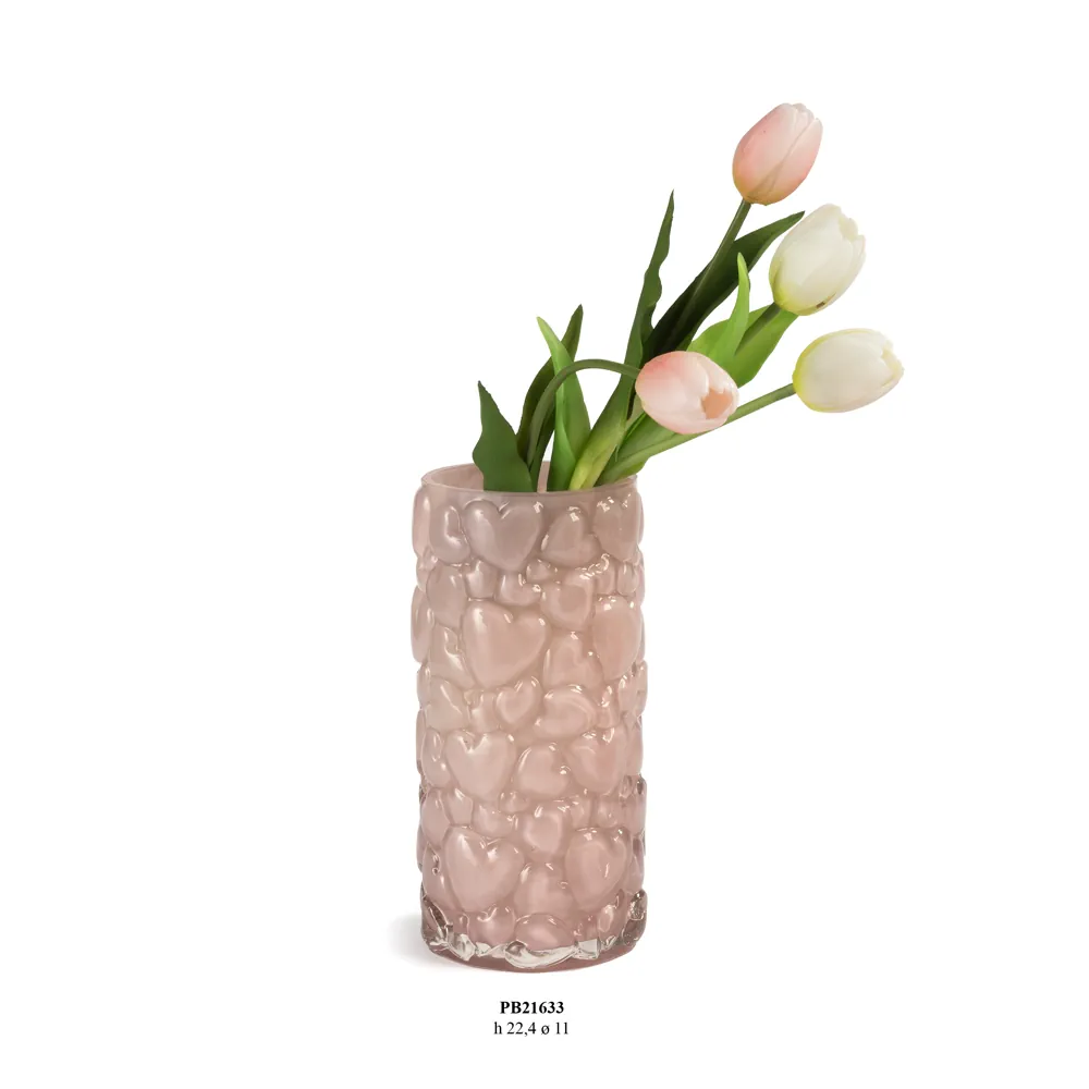 Paben vaso rosa in vetro con cuori in rilievo 22.4 cm PB21633