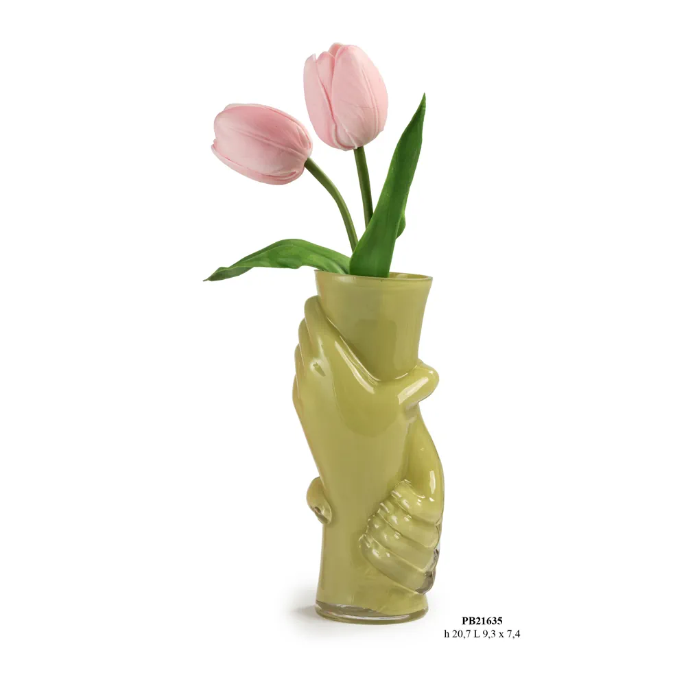Paben vaso verde in vetro con mani in rilievo 20.7 cm PB21635