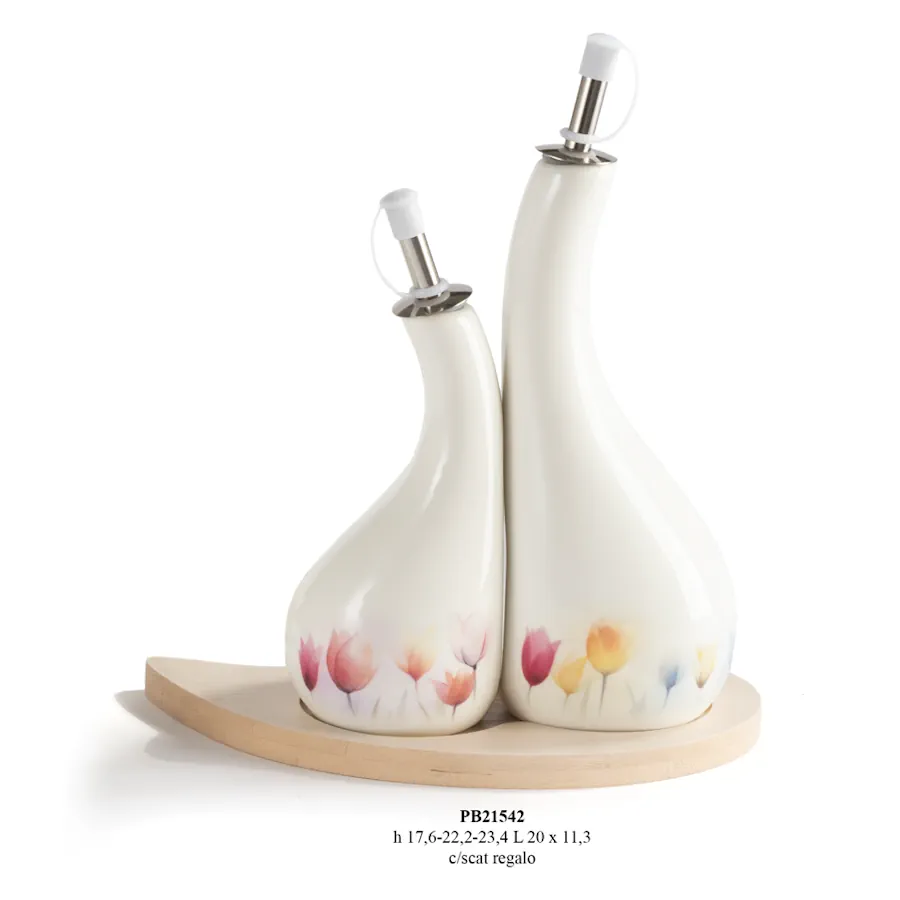 Paben Set 2 oliere porcellana su vassoio legno PB21542