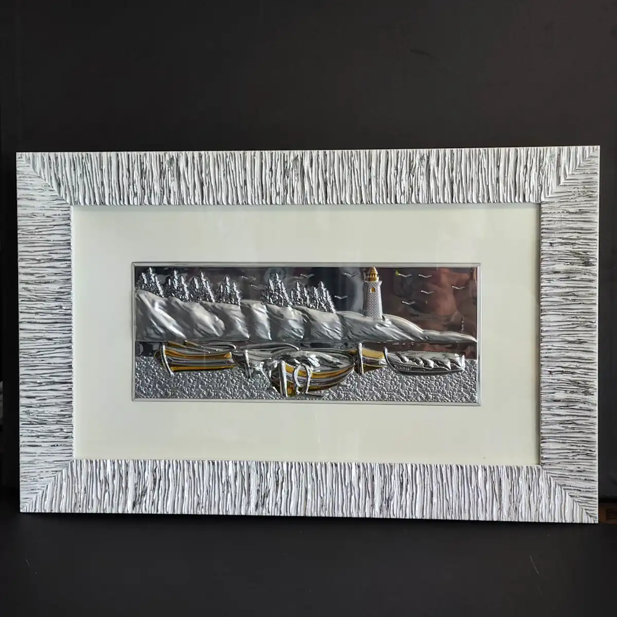Top quadro paesaggio faro ritorno dalla pesca con oro cornice bianco argento ARP 1327G