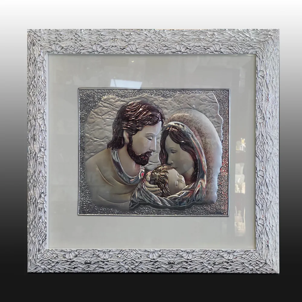 Top quadro sacra famiglia orizzontale 63x72 con colore su lastra cornice bianca e argento ragno ARR4655COL