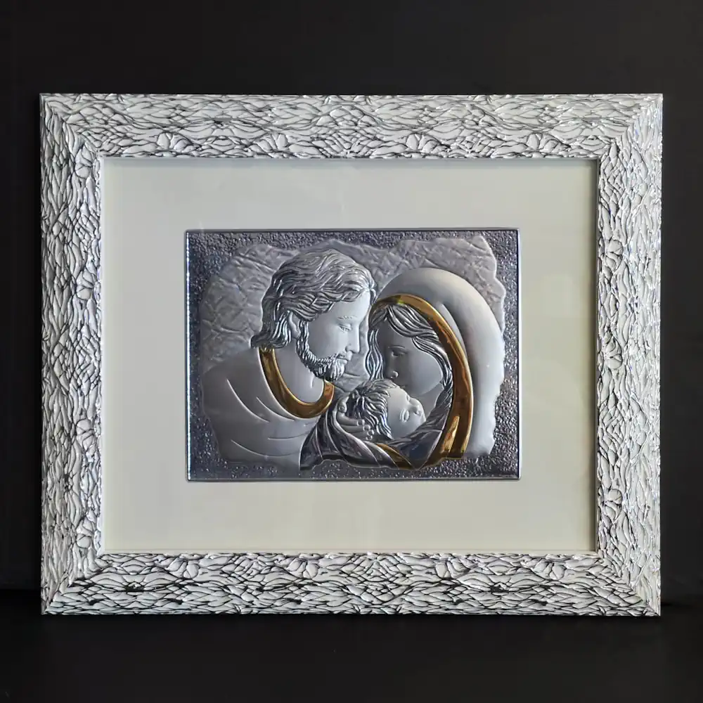 Top quadro sacra famiglia orizzontale con oro su lastra cornice bianca e argento laminato ARR4750ORO