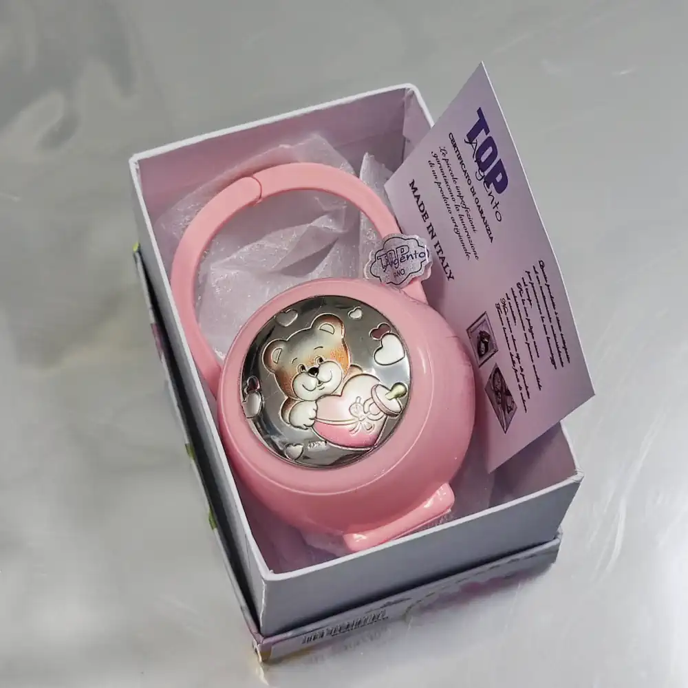 Top set box+catena portaciuccio con placca orsetto rosa laminato SET2002 R