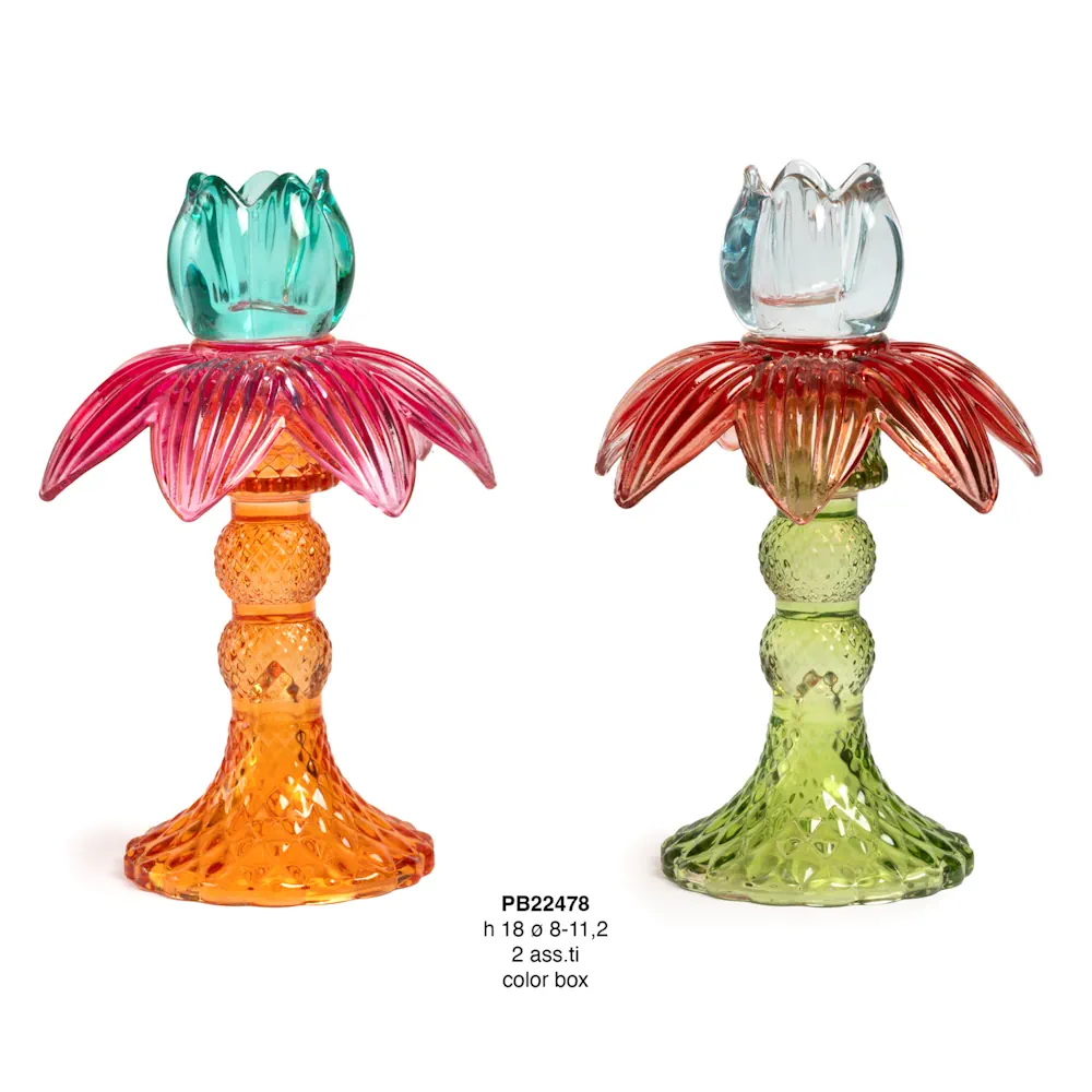 Paben portacandela palma 18 cm vetro tricolore PB22478