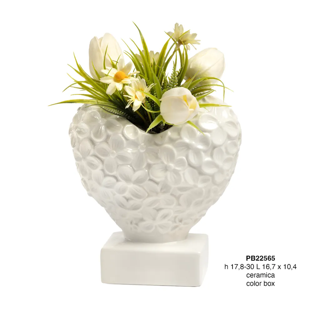 Paben vaso a forma di cuore bianco 30 cm con fiori PB22565