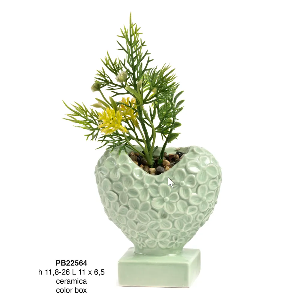 Paben vaso a forma di cuore verde 26 cm con fiori PB22564