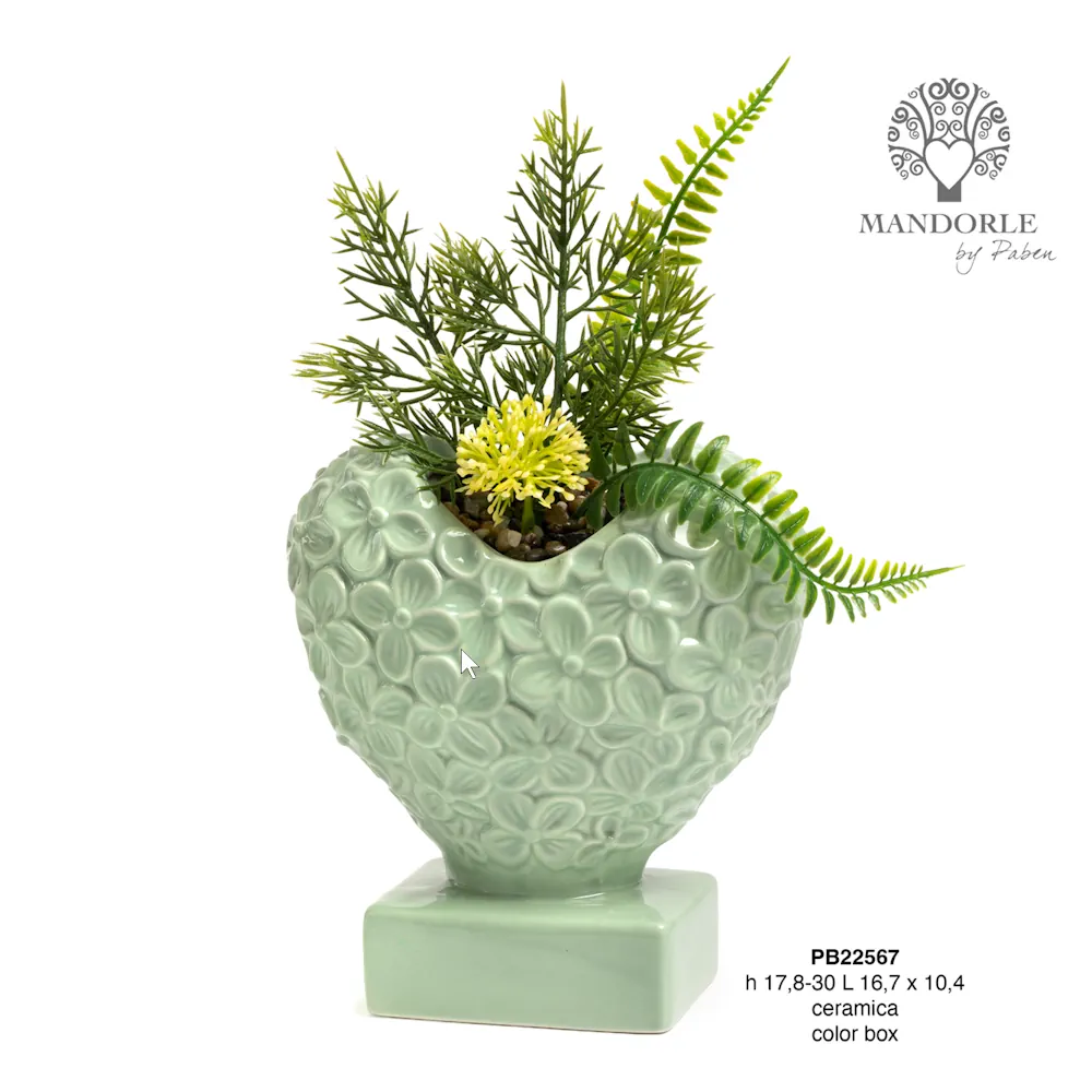 Paben vaso a forma di cuore verde 30 cm con fiori PB22567