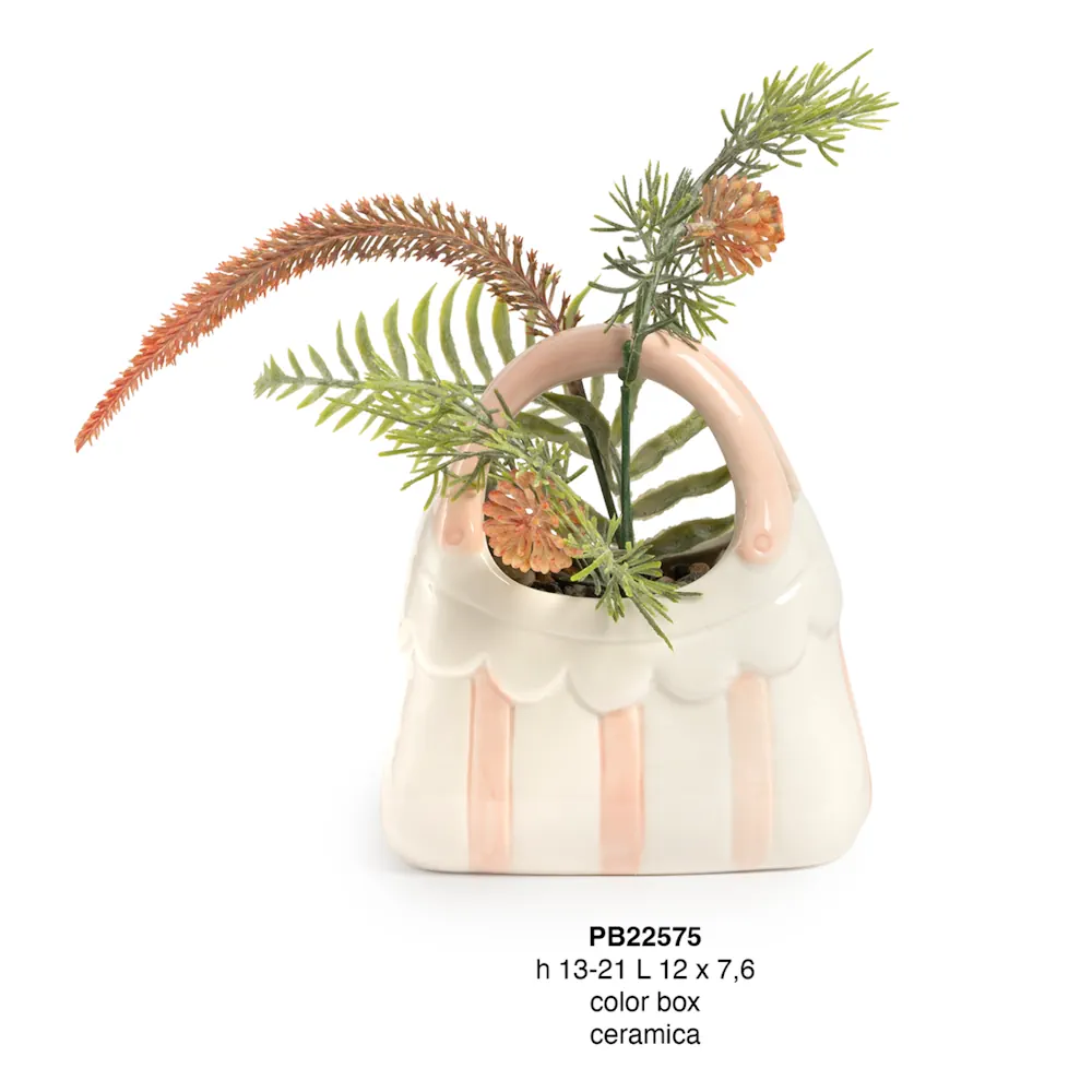 Paben vaso in ceramica a forma borsa righe rosa 21 cm PB22575