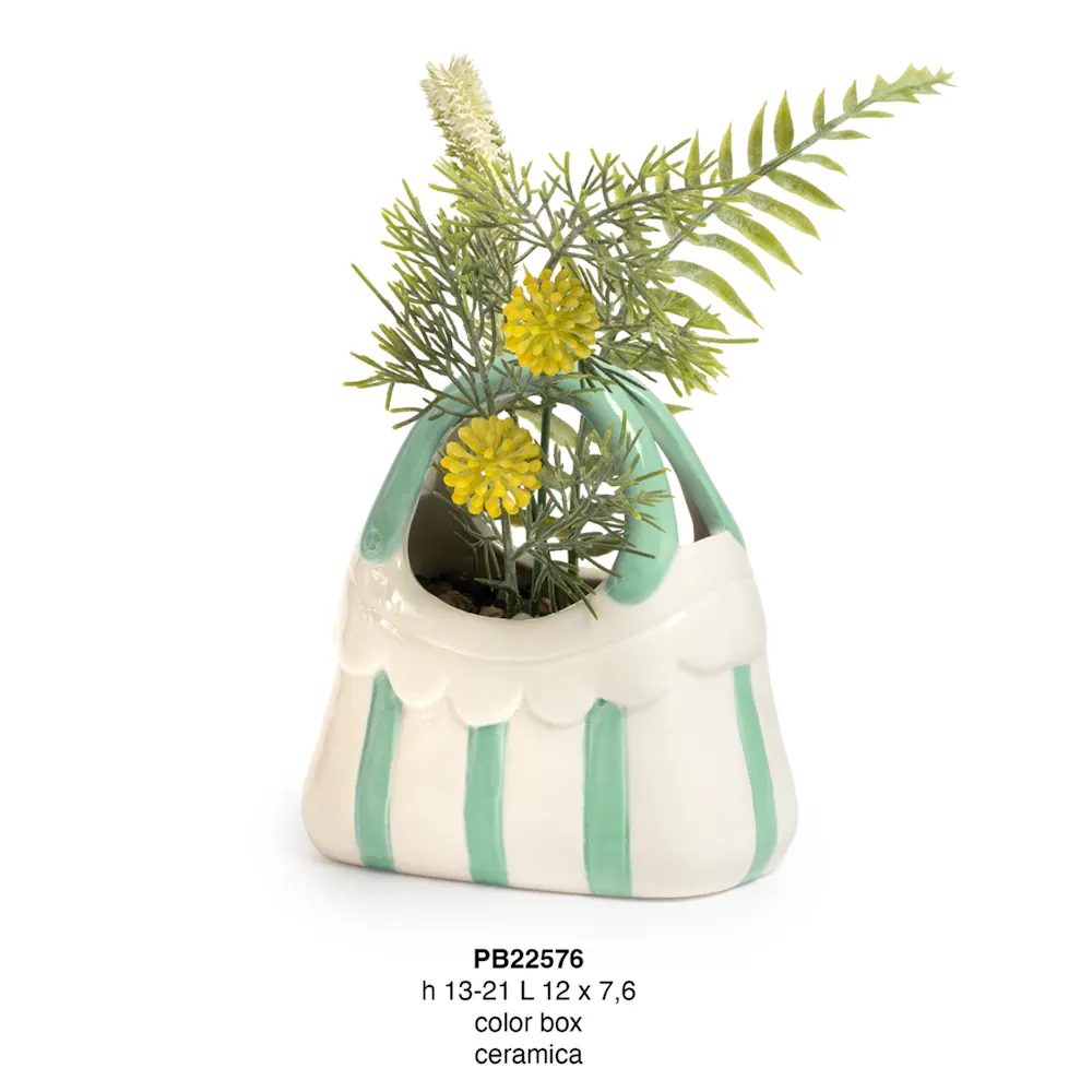 Paben vaso in ceramica a forma borsa righe verdi 21 cm PB22576